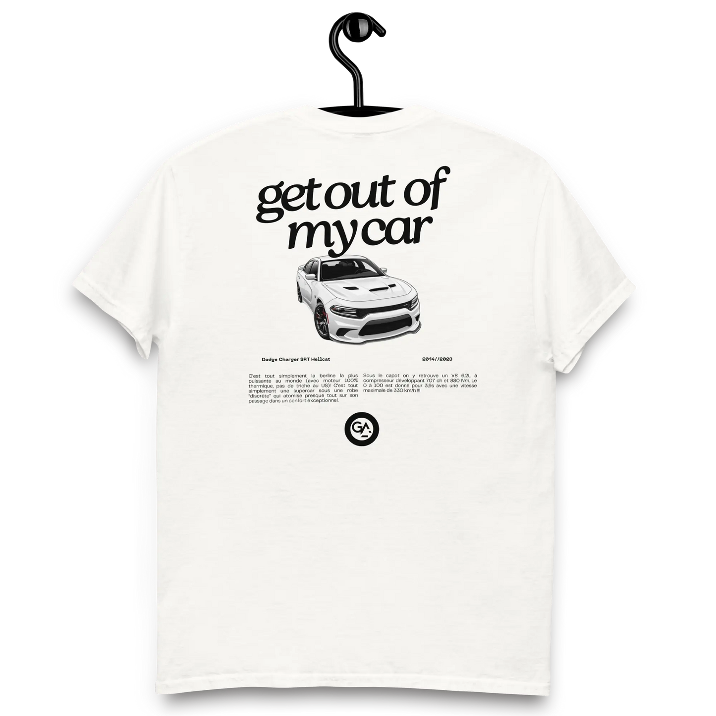 T-shirt Dodge Charger – Muscle car US, tailles S à 2XL, livraison offerte dès 50€ d'achats, noir et blanc