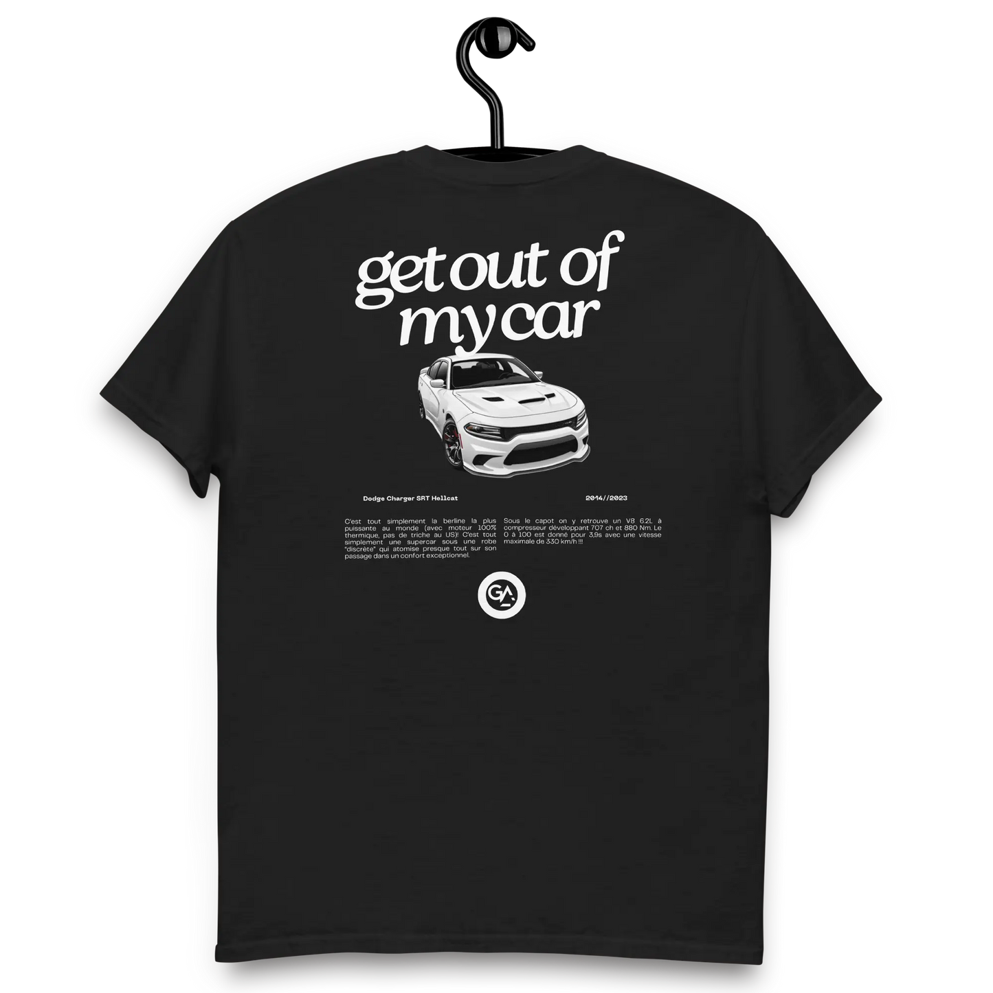 T-shirt Dodge Charger – Muscle car US, tailles S à 2XL, livraison offerte dès 50€ d'achats, noir et blanc