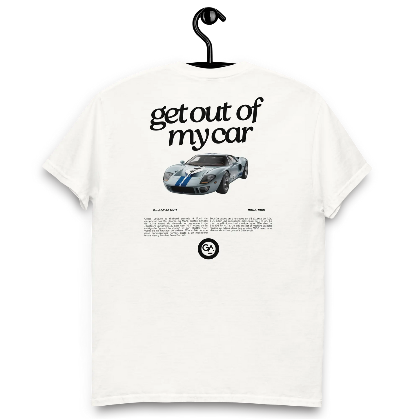 T-shirt Ford GT40 – Voiture de course mythique des 24 Heures du Mans, dispo S à 2XL + livraison offertes dès 50€ d'achats en noir et blanc